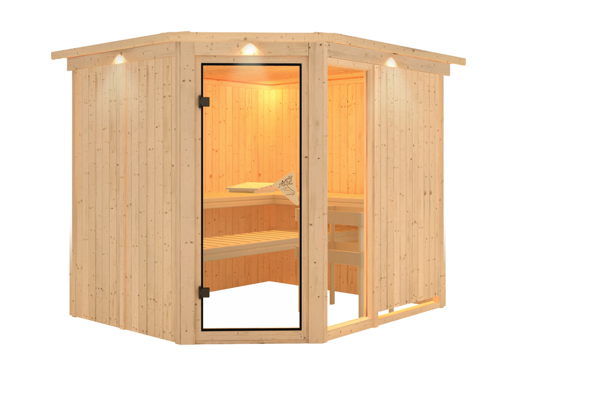 Sauna Paide 3 mit Zubehör-Set, 231x196x198cm, Eckeinstieg