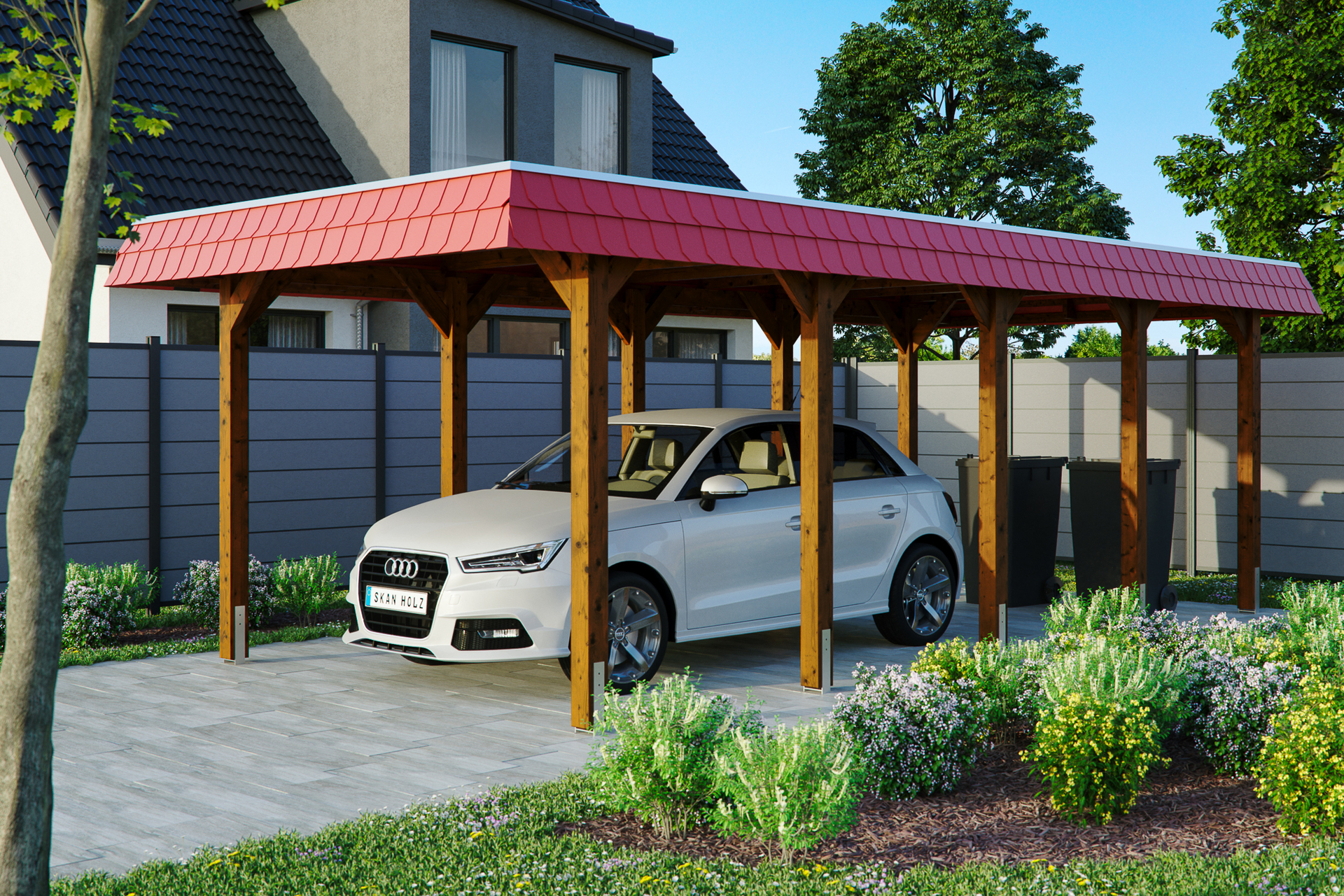 Skan Holz Carport Spreewald - Farbe: nussbaum | Dach: EPDM-Folie | Größe:  345 x 741cm | Ausführung: rote Blende - Leitermann | LEITERMANN