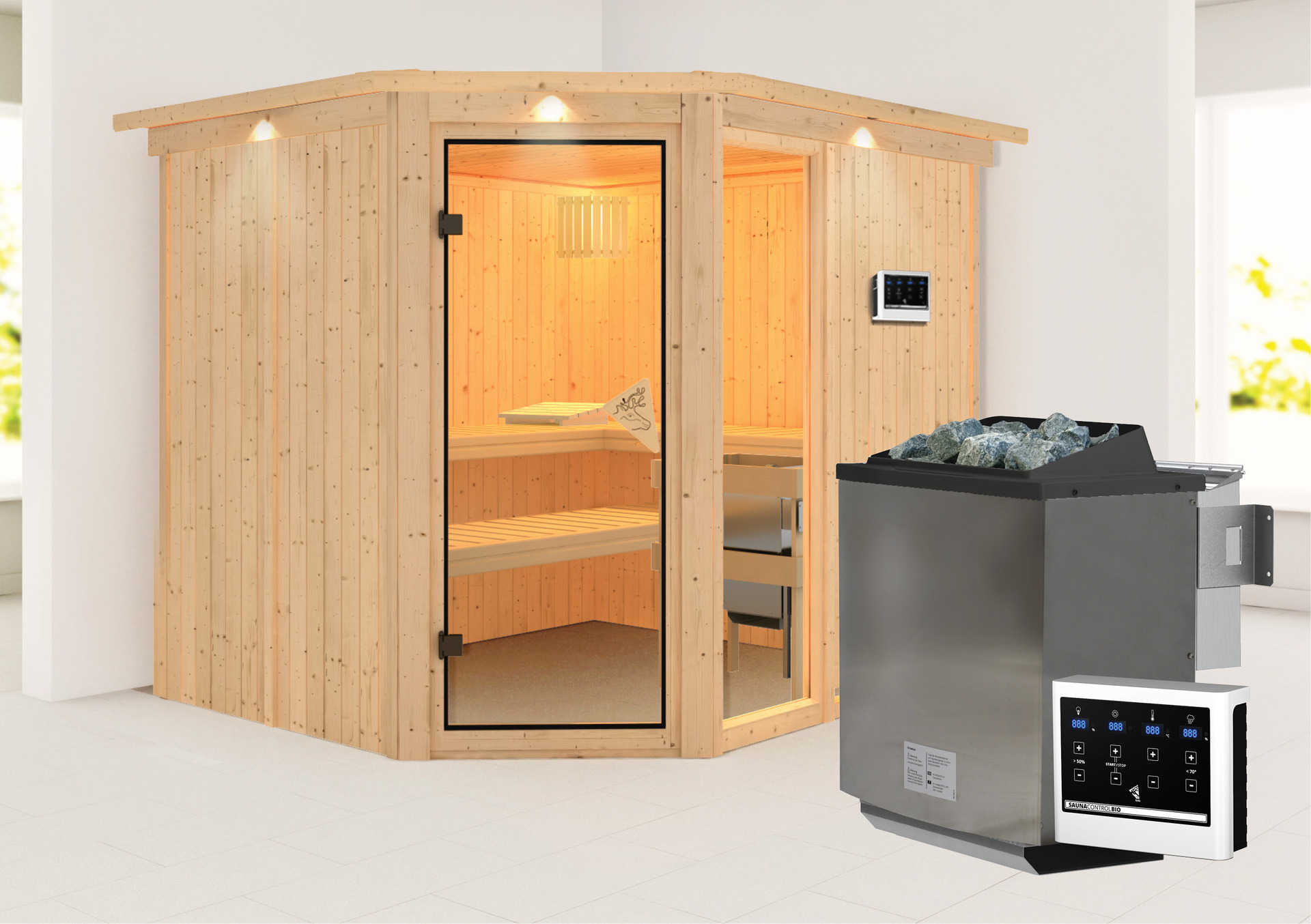 Sauna Paide 3 mit Zubehör-Set, 231x196x198cm, Eckeinstieg