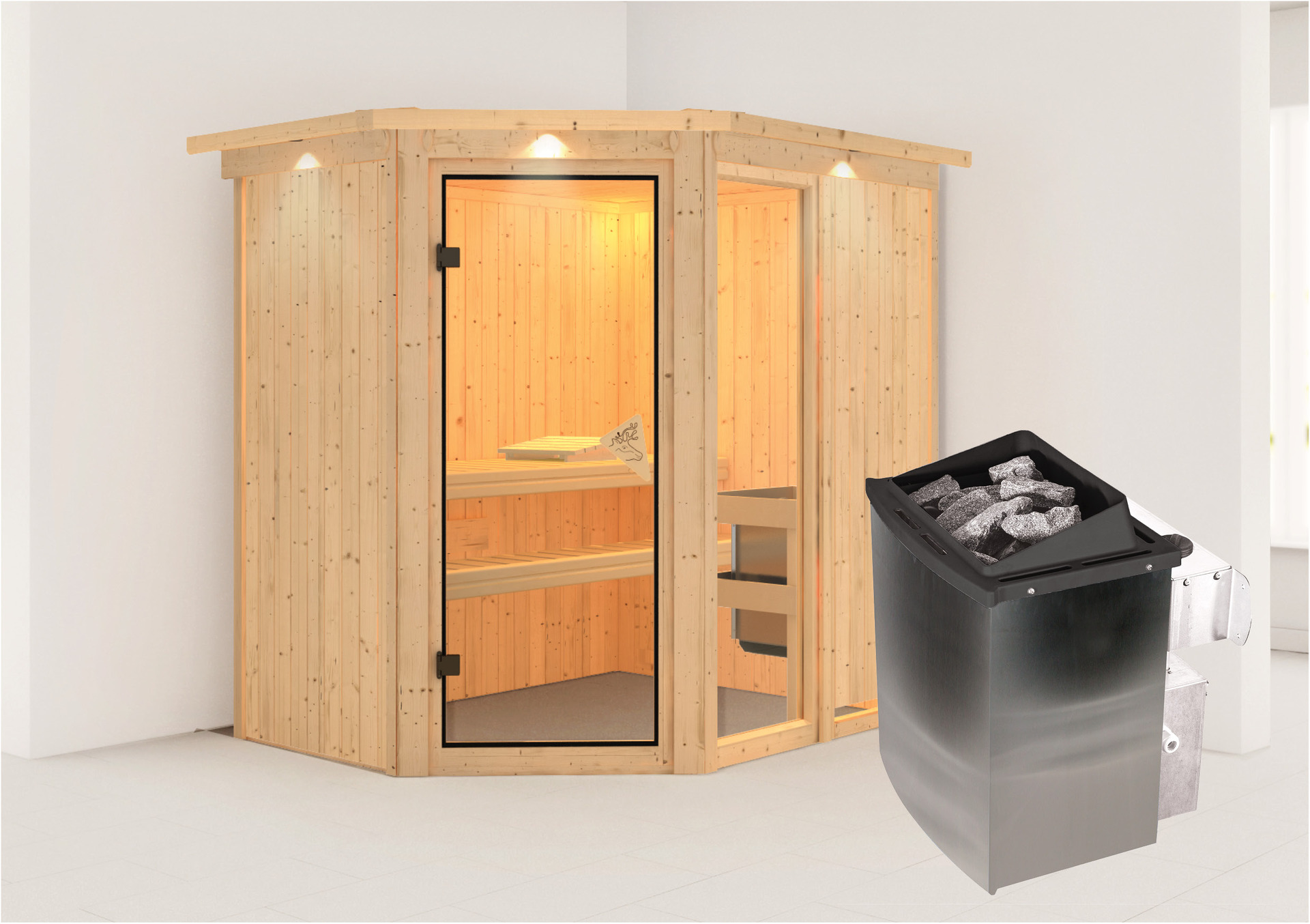 Sauna Paide 1 mit Zubehör-Set, 196x151x198cm, Eckeinstieg