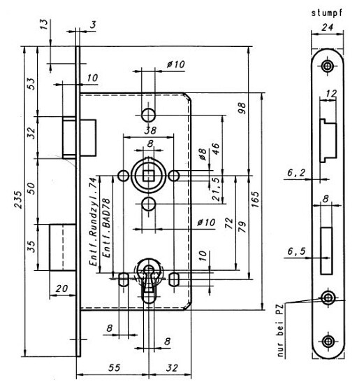 Einsteckschloss Behörden 55/72PZW 24 rund Edelstahl links
