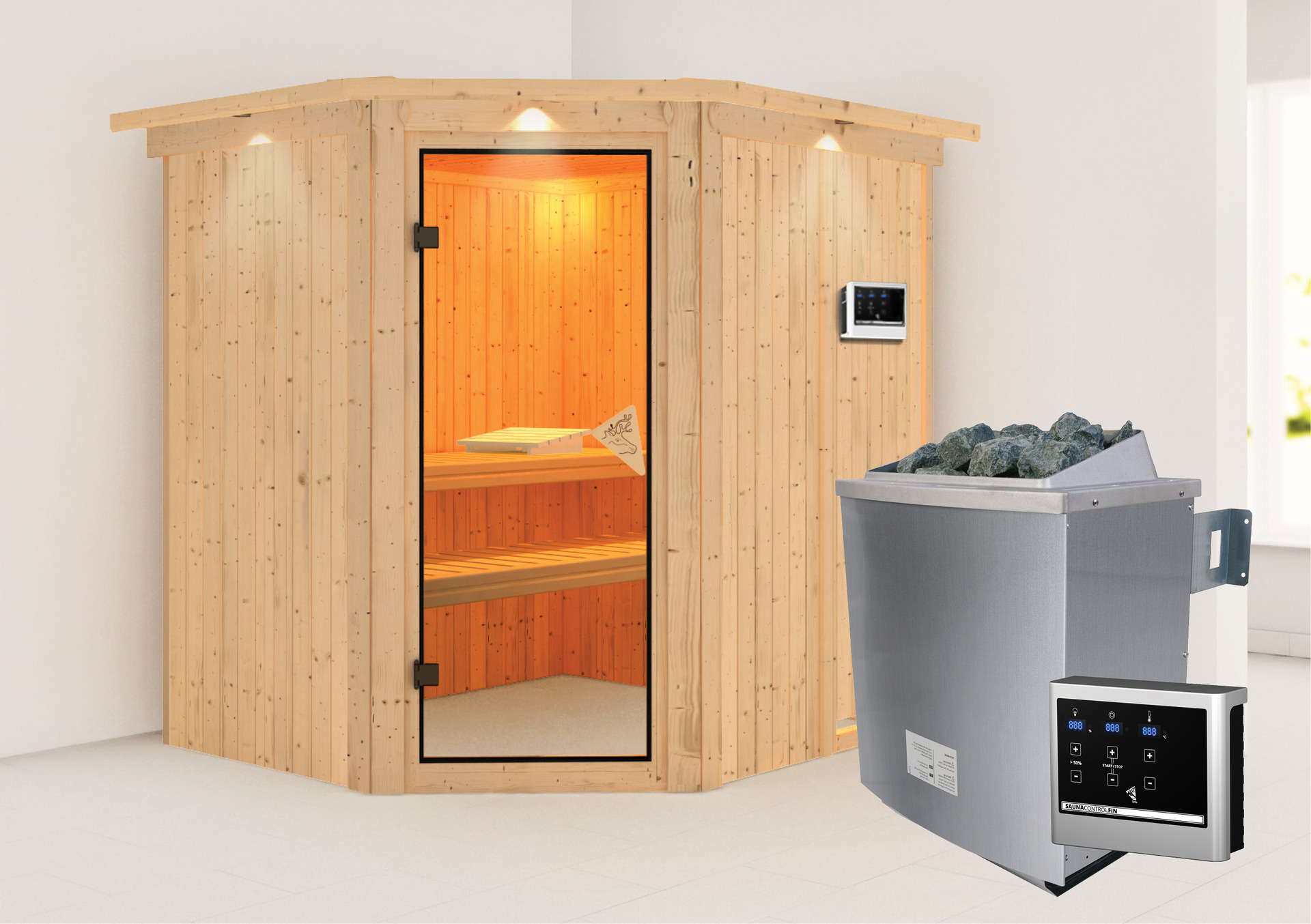 Sauna Maardu mit Zubehör-Set, 196x170x198cm, Eckeinstieg