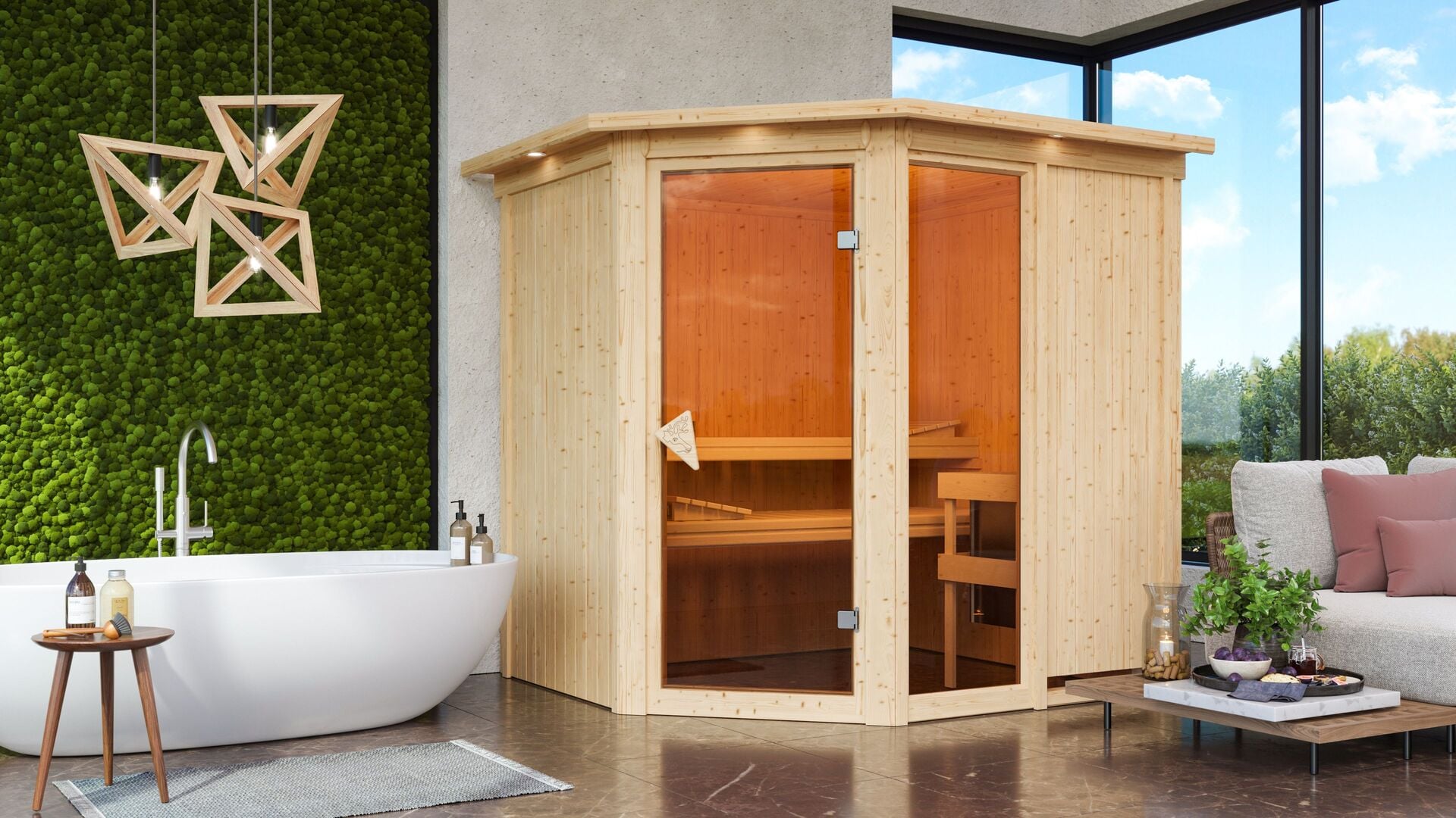 Sauna Paide 2 mit Zubehör-Set, 196x170x198cm, Eckeinstieg