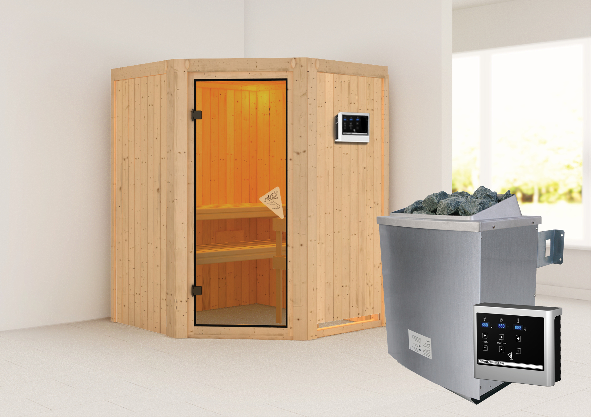 Sauna Tartu mit Zubehör-Set, 151x151x198cm, Eckeinstieg