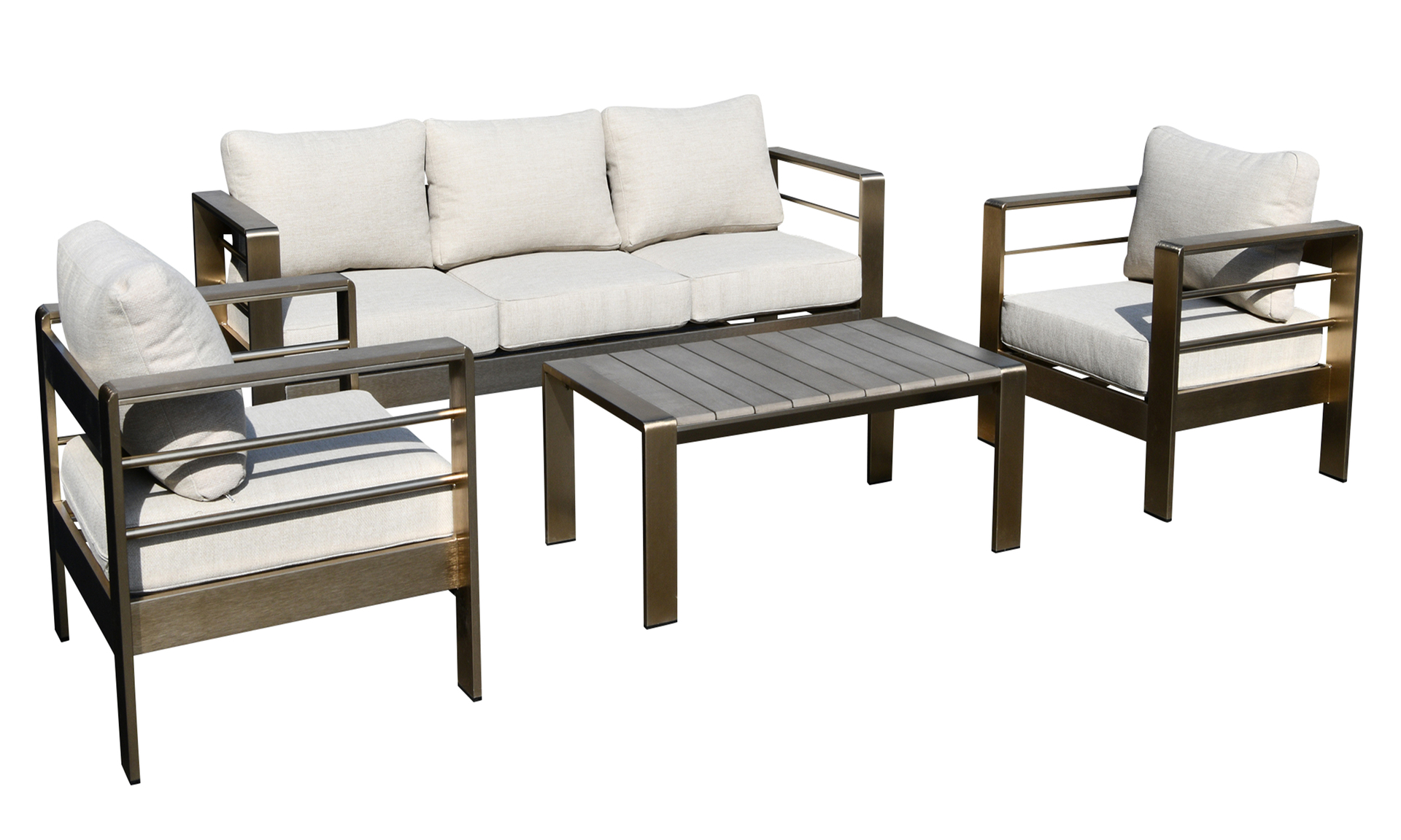 Lounge-Set 4-teilig aus gebürstetem Aluminium, Polster grau, Kunstholz dunkelgrau