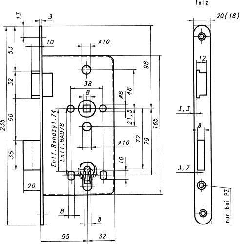 Einsteckschloss WG-Abschl.55/72PZW20 rund silber Links