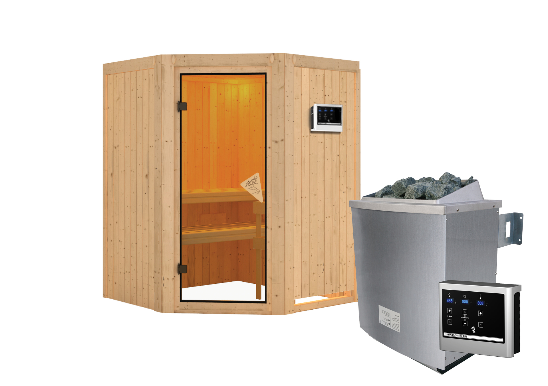 Sauna Tartu mit Zubehör-Set, 151x151x198cm, Eckeinstieg