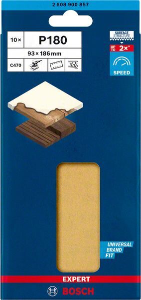 EXPERT C470 Schleifpapier mit 8 Löchern für Schwingschleifer, 93 x 186 mm, G 180, 10-tlg.. Für Exzenterschleifer