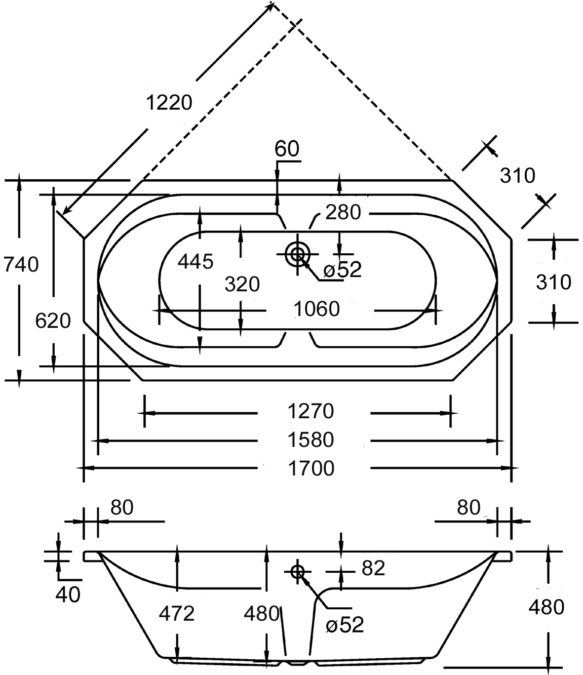 Achteckwanne Sicilia, 1700x750/480 mm, weiß bei leitermann.de günstig kaufen Achteckwanne Sicilia, 1700x750/480 mm, weiß