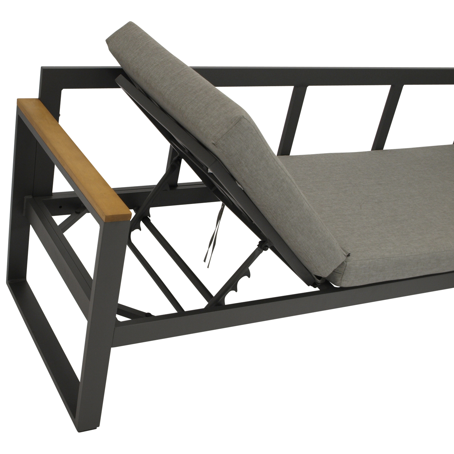 Eck-Diningset Aluminium anthrazit + Akazie, Polster grau, Tisch 140x70cm, mit Liegefunktion