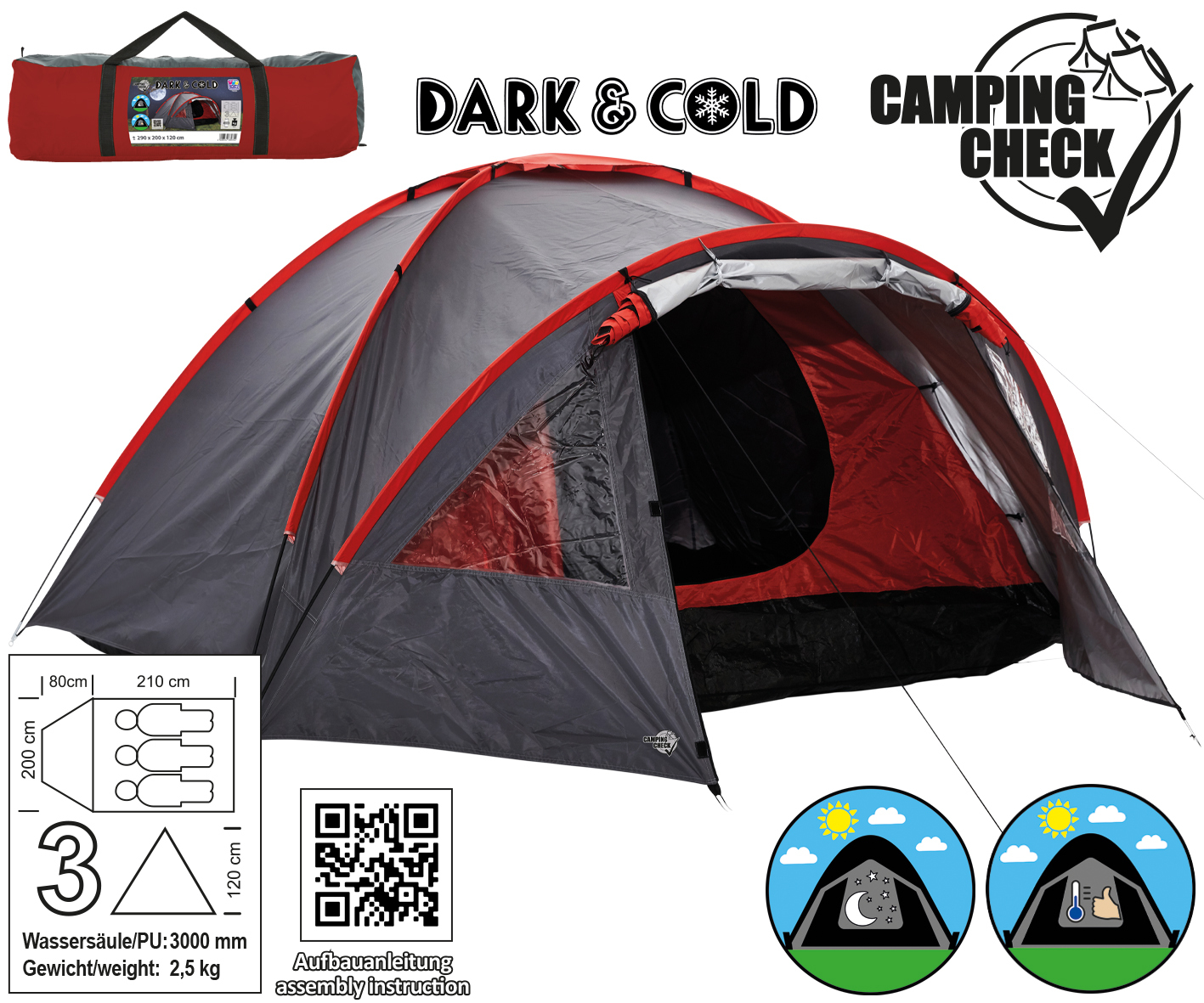 Doppeldachzelt dark&cold, 3 Personen