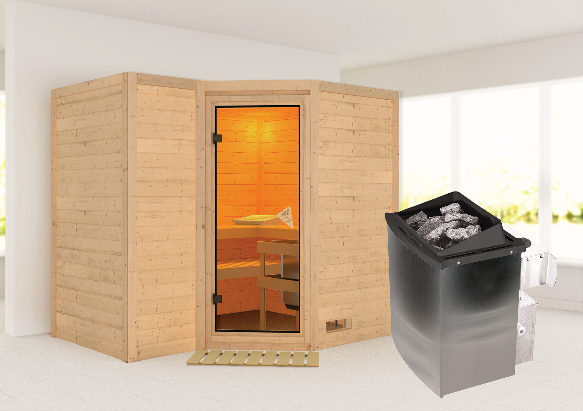 Sauna Riga 2 mit Zubehör-Set, 236x184x208cm, Eckeinstieg