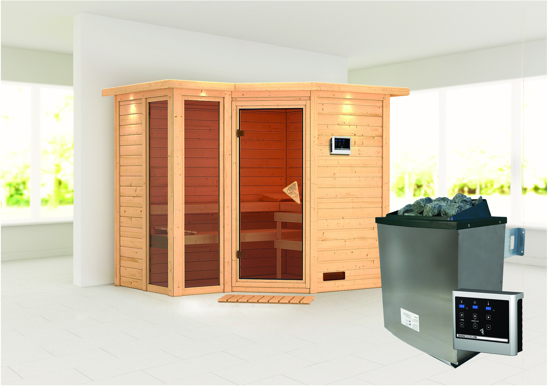Sauna Kunda mit Zubehör-Set, 236x184x208cm, Eckeinstieg