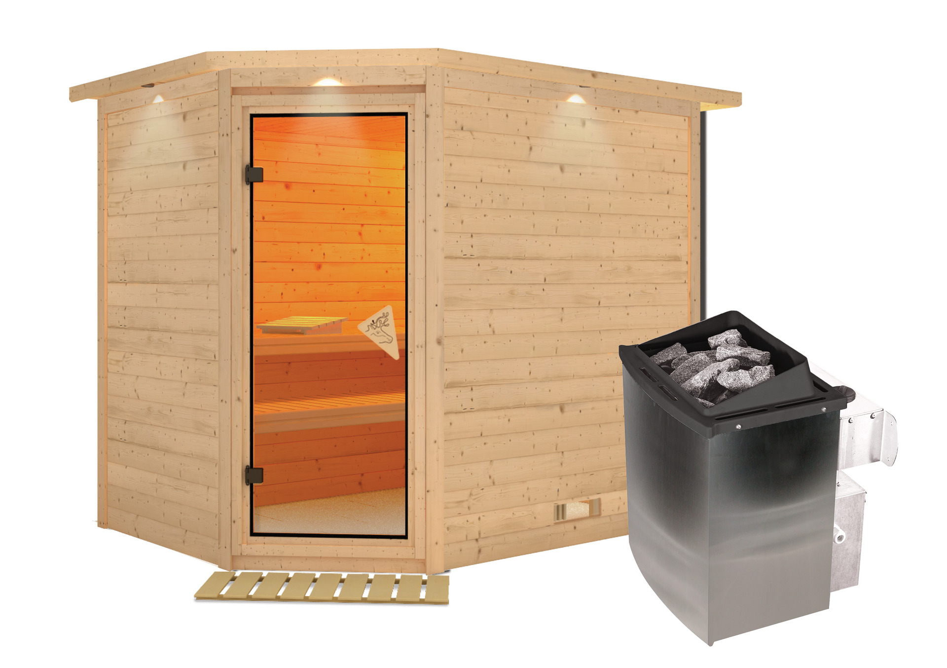 Sauna Kärdla 236x184x208cm mit Zubehör-Set, Eckeinstieg