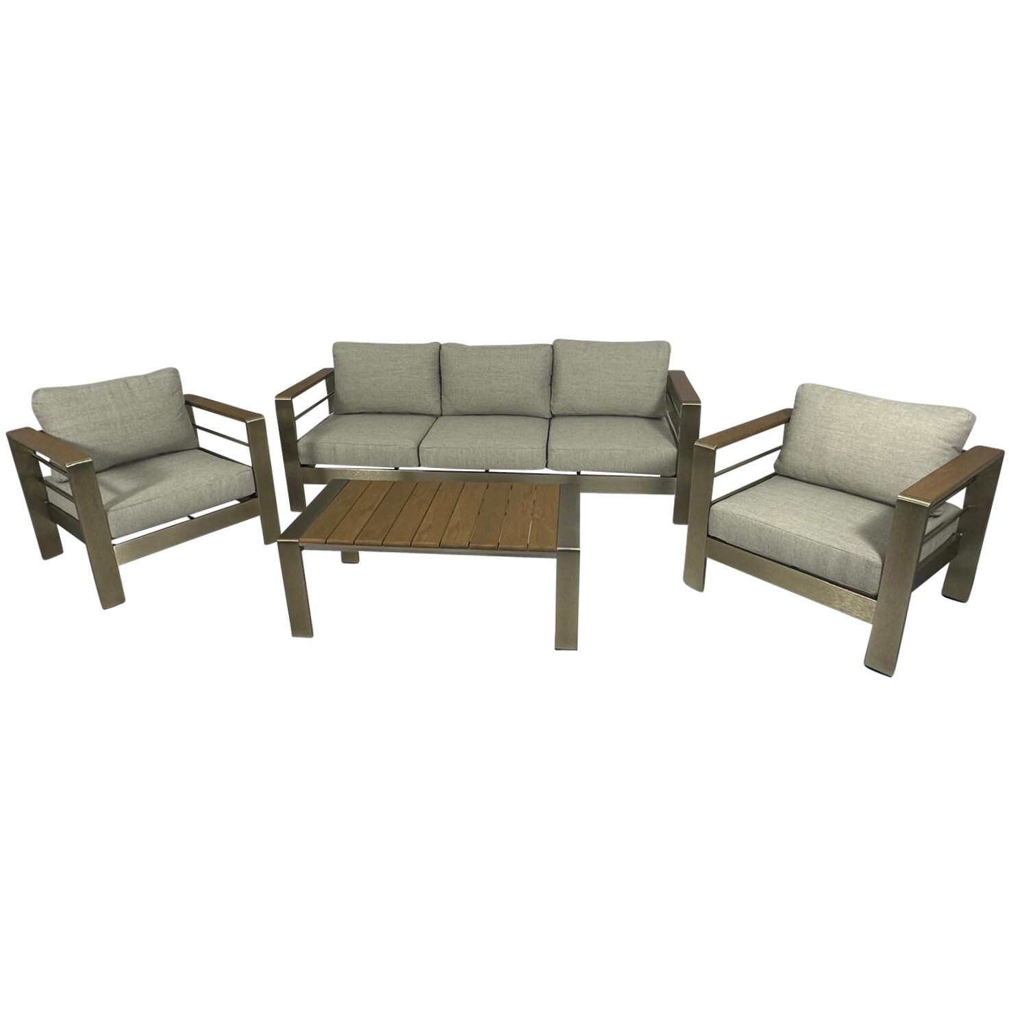Lounge-Set 4-teilig aus gebürstetem Aluminium, Polster grau, Kunstholz naturfarben