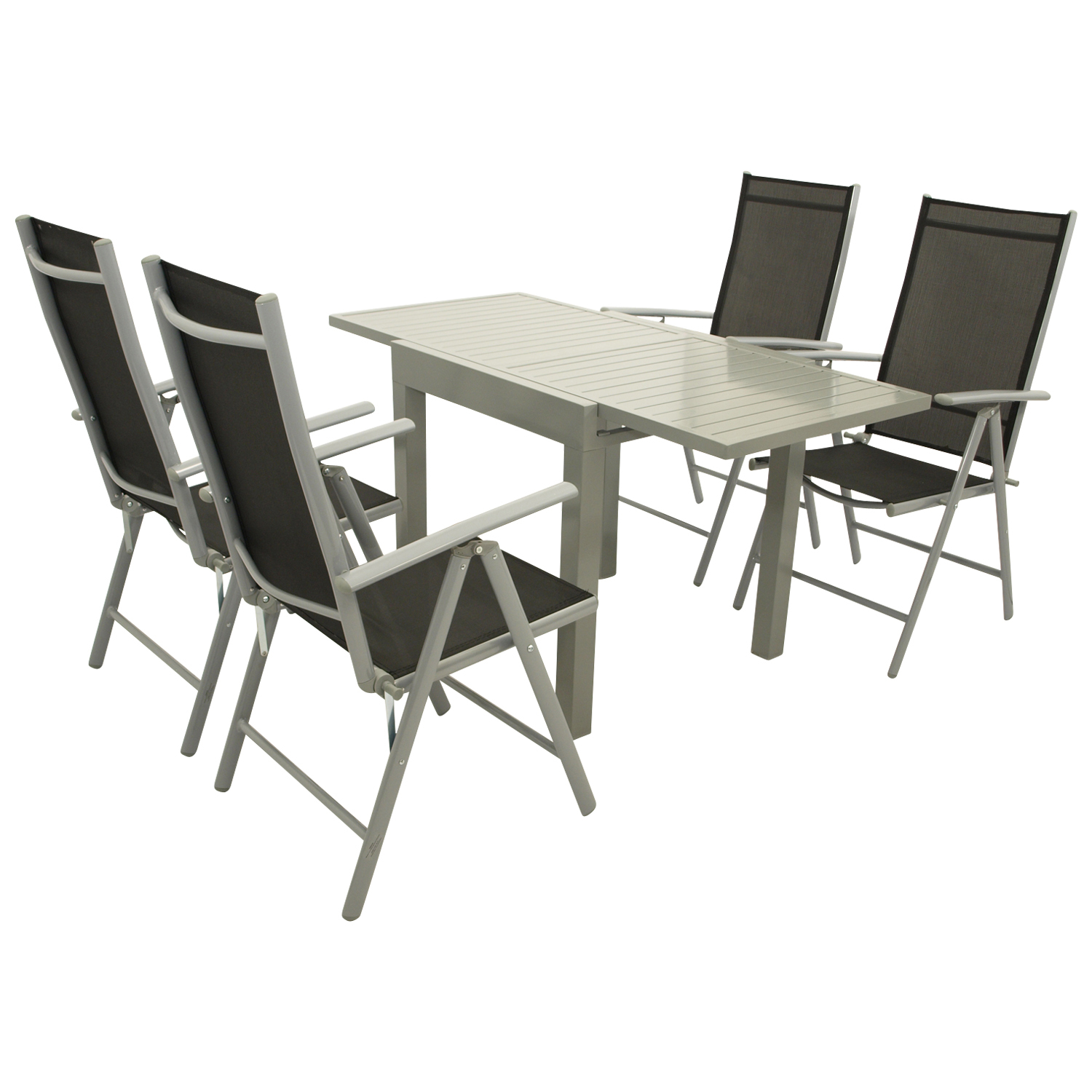 Garnitur 5-teilig, Ausziehtisch + Klappsessel, Aluminium/Textilene