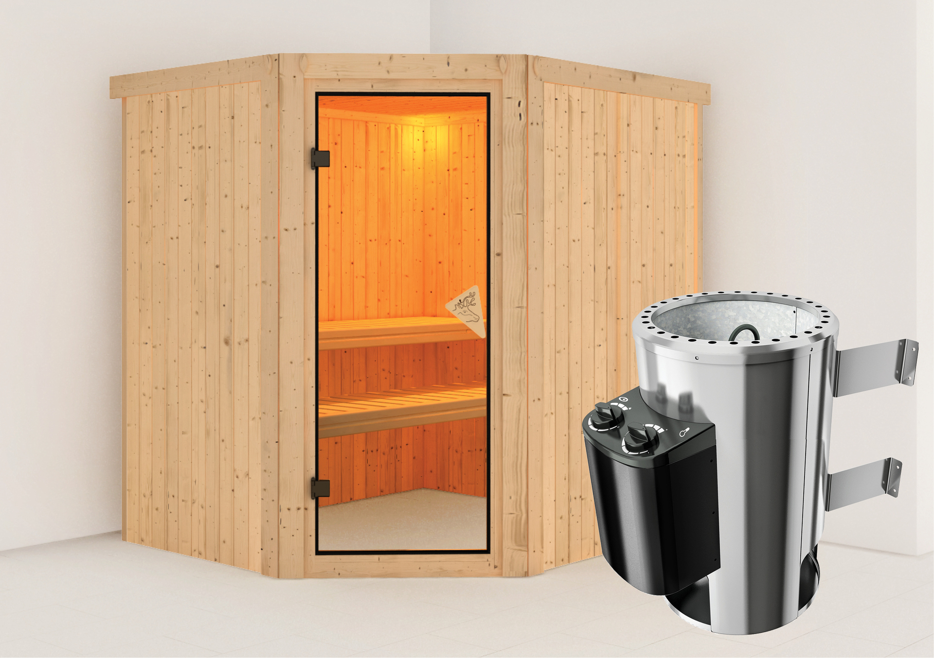 Karibu Sauna Talsen mit Zubehör-Set, 196x170x198 cm, Eckeinstieg -  Ausführung: bronzierte ESG-Tür | Ofentyp: 3,6kW-Ofen, integrierte Steuerung  - Leitermann | LEITERMANN